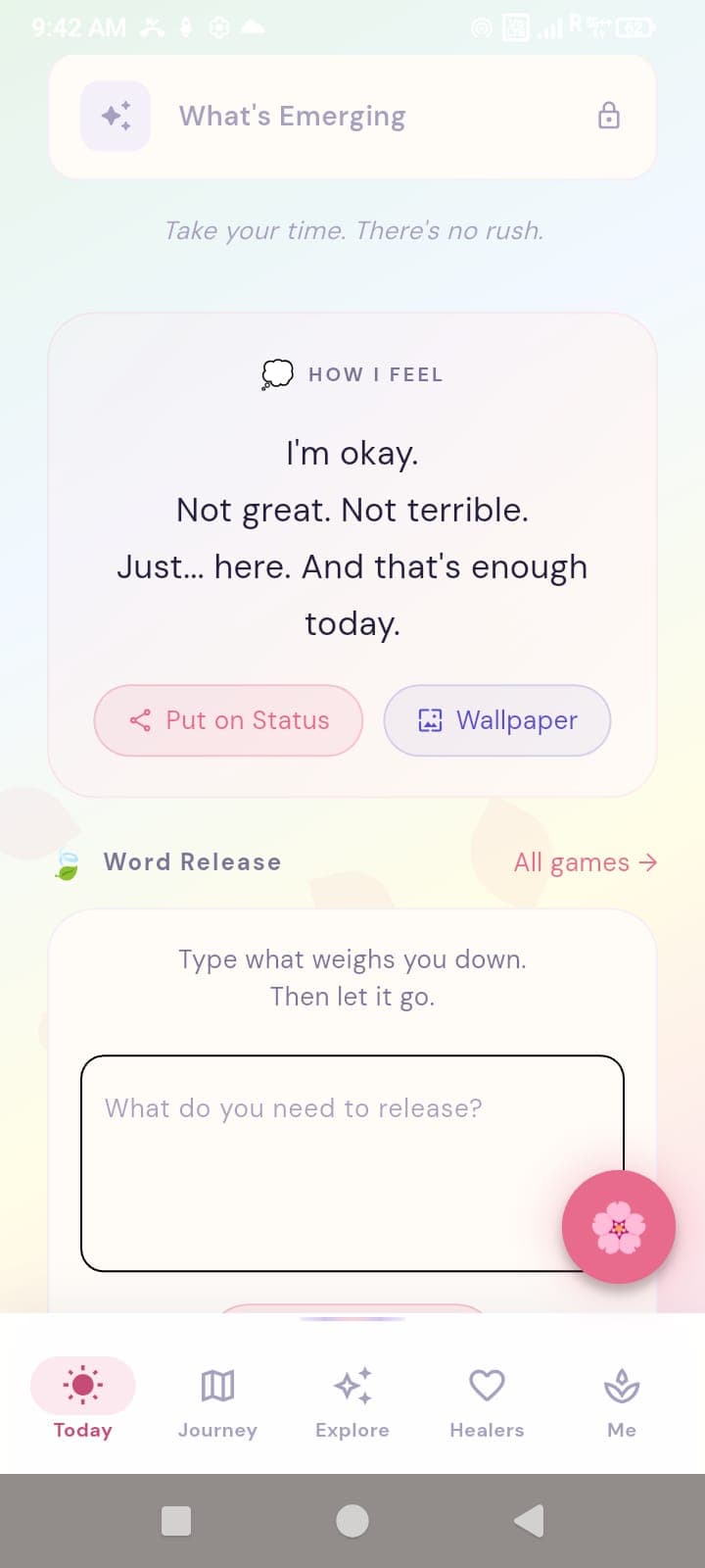 Bloomers home screen with daily reflection
