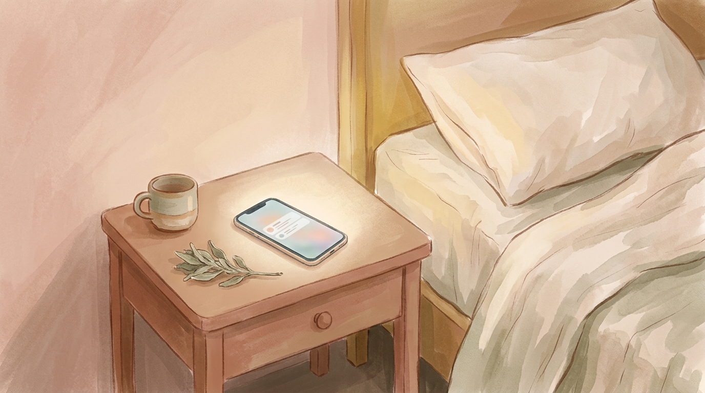 A phone glowing on a nightstand beside an empty pillow, blue light in a dark room, connection that arrived but didn't stay