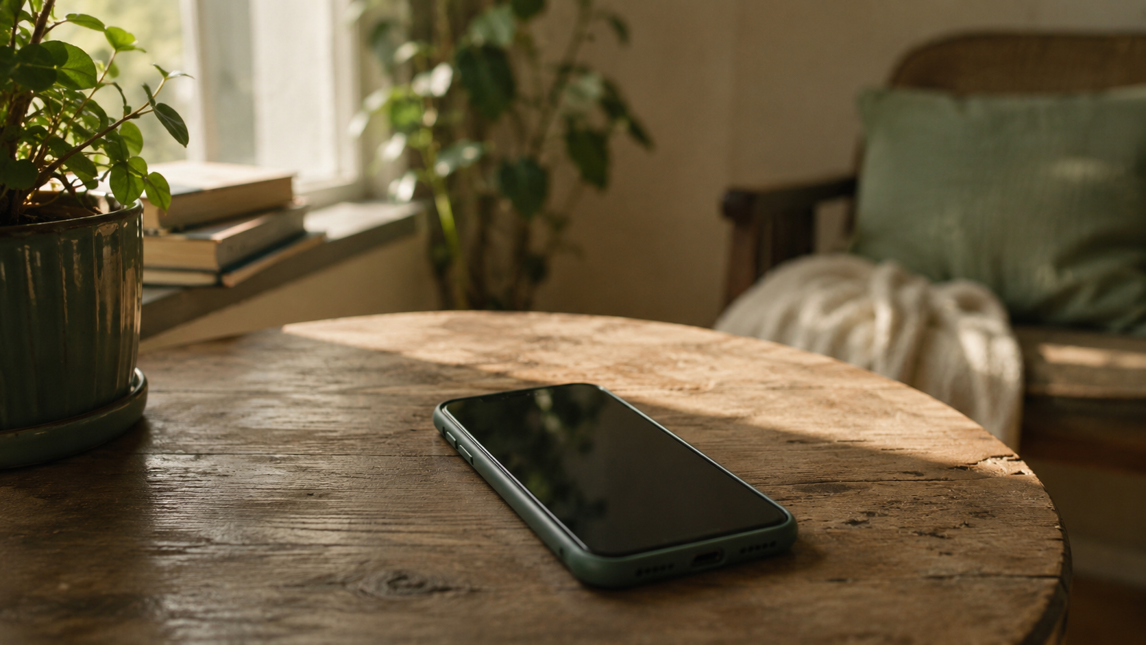 A phone lying on a wooden table in soft morning light, screen dark, casting a gentle shadow