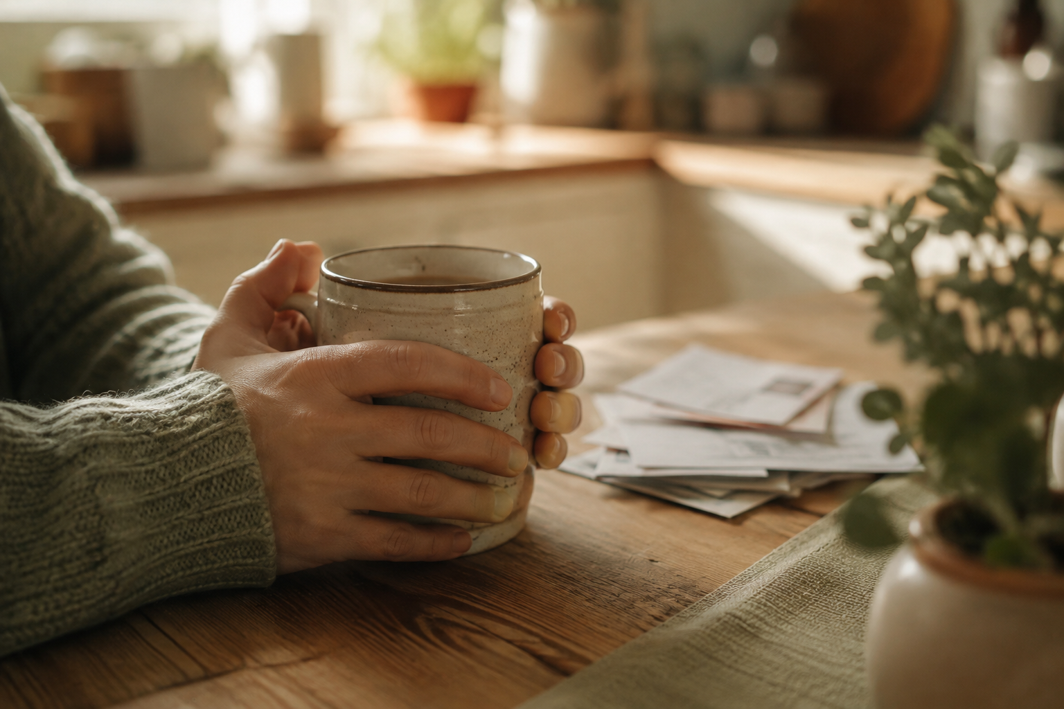 Hands holding a mug at a kitchen table with papers softly blurred in the background