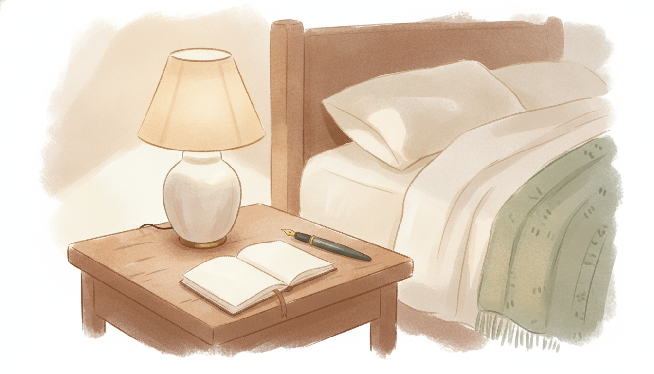 A small notebook open on a bedside table with a pen, soft evening lamp light
