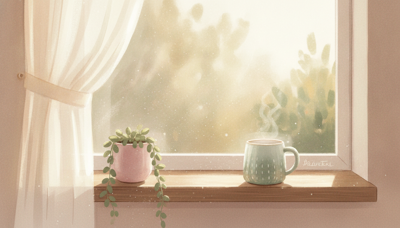 A kitchen window with morning light, a simple mug on the sill, ordinary day beginning quietly