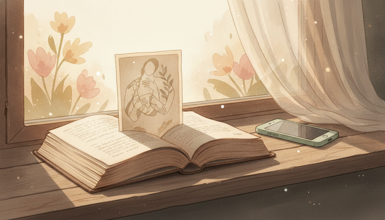 An old photograph tucked in a book on a windowsill, phone face-down beside it, afternoon light