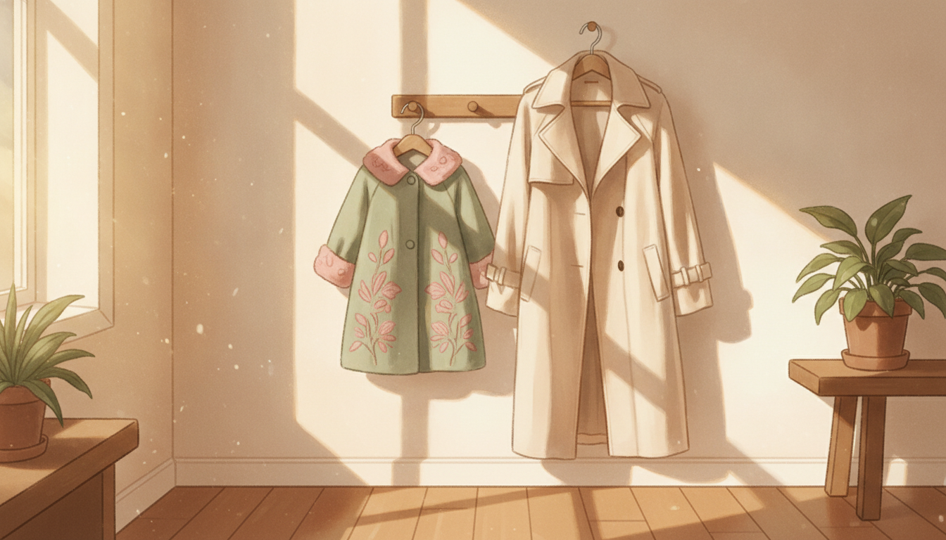 A child's coat hanging on a hook beside an adult's, hallway light, the smaller one barely visible