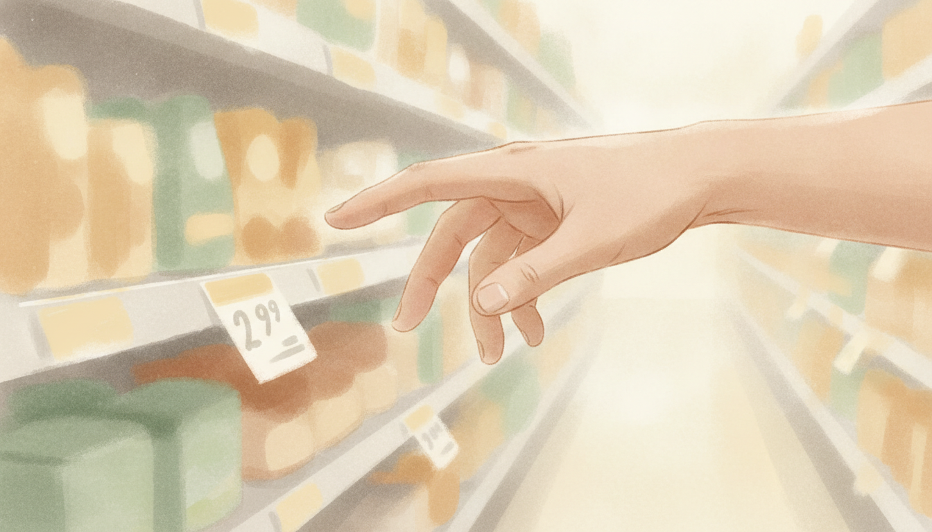 A hand hovering over a price tag on a store shelf, soft fluorescent light, the moment before deciding