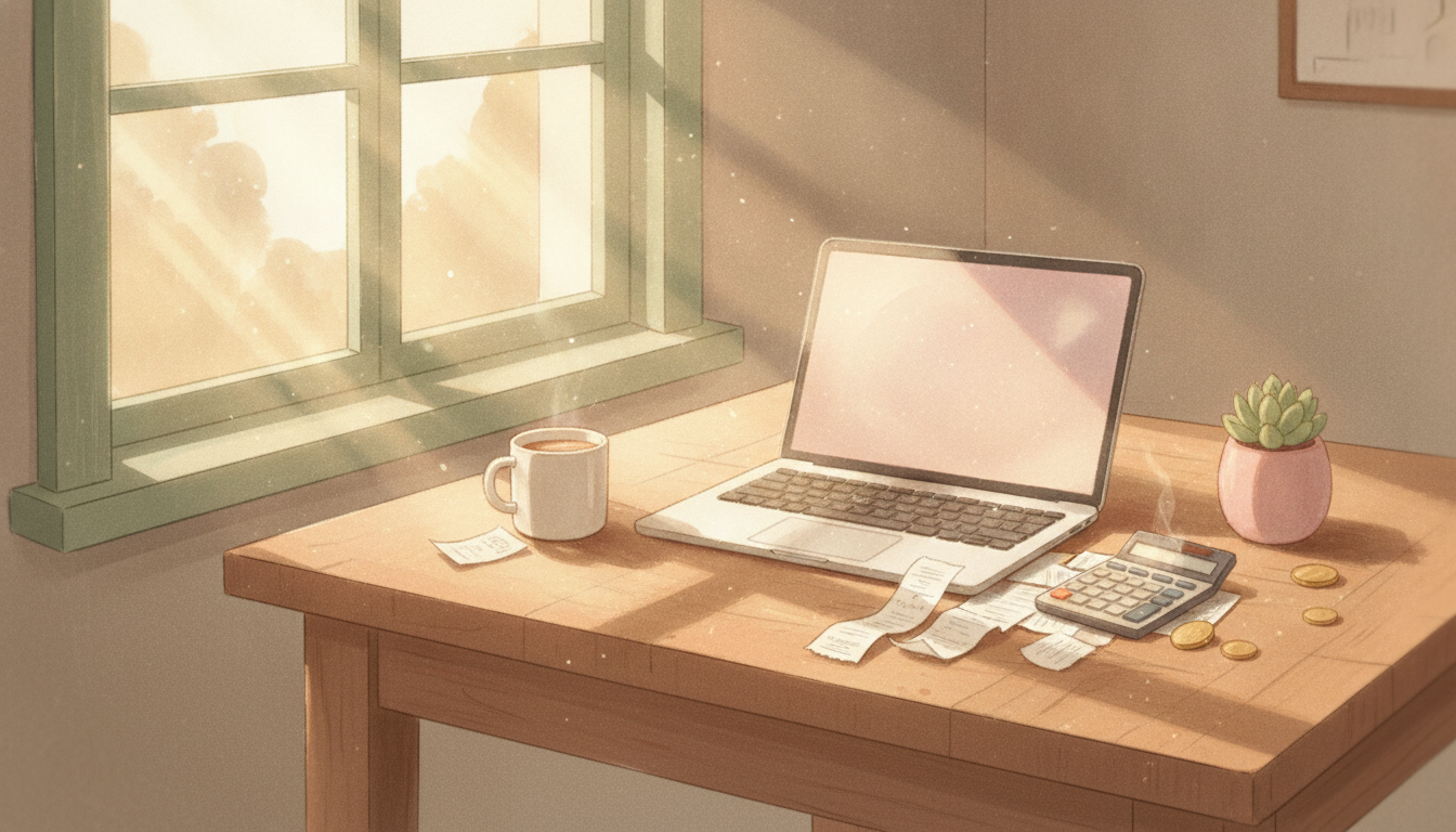 A laptop open on a kitchen table beside a calculator and scattered receipts, morning light through the window