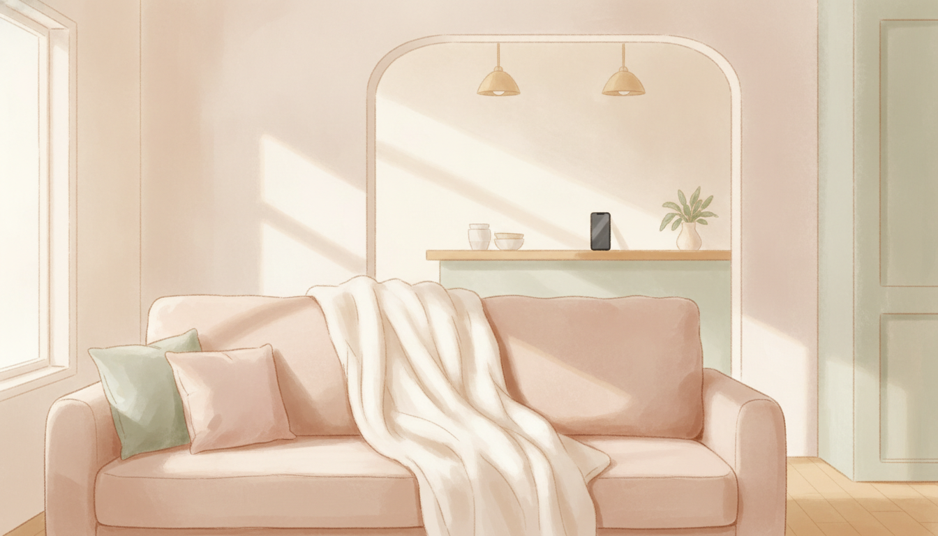 Living room in soft afternoon light, empty couch, phone visible through doorway on kitchen counter in the distance