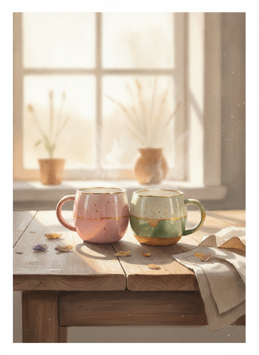 Two mugs on a kitchen table, one nudged closer to the other, soft morning light
