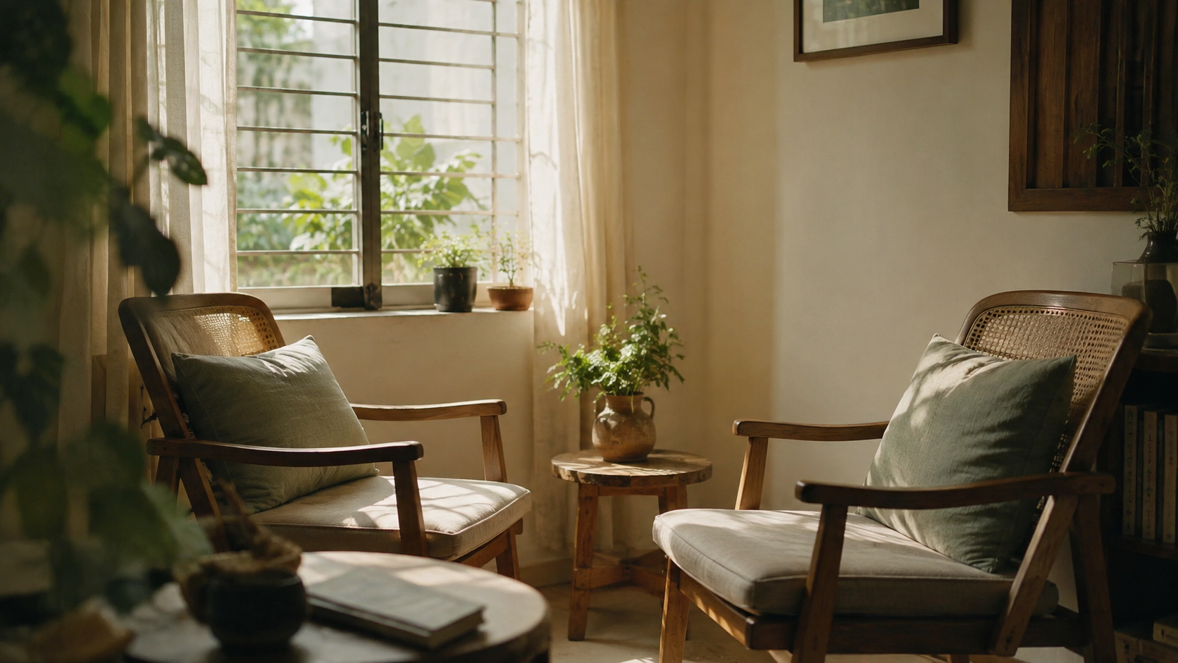Two chairs in quiet conversation distance, warm afternoon light, peaceful domestic space