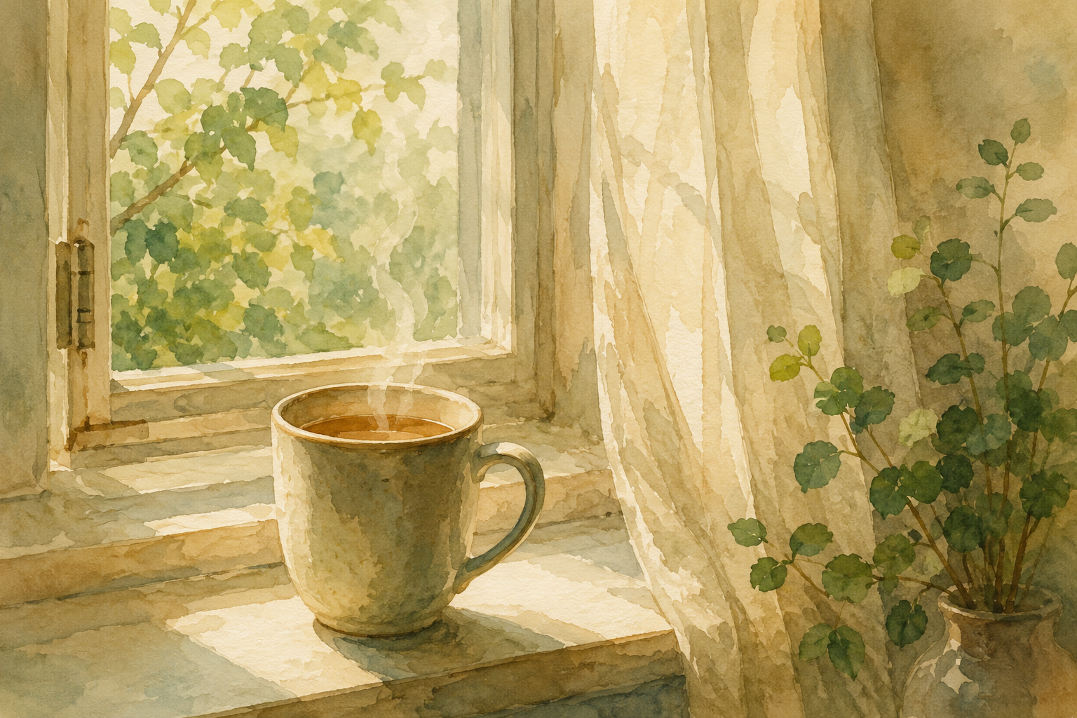 A quiet moment of tea by the window, peaceful but unfamiliar