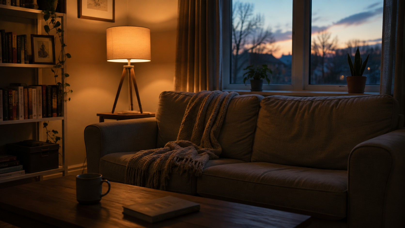 Empty living room at dusk, warm lamp light, weekend stillness with the weight of Monday approaching