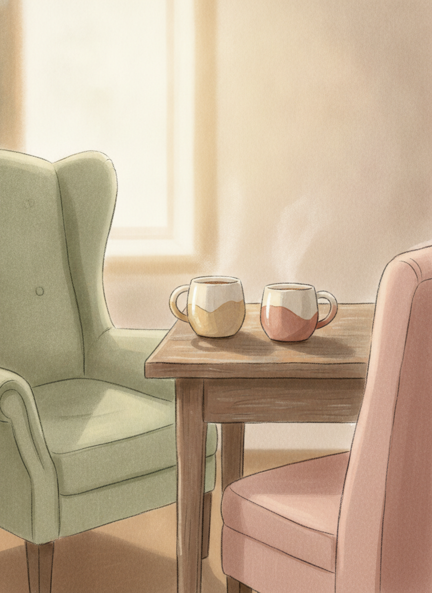 Two mugs on a table between two chairs, one pushed slightly away, soft evening light