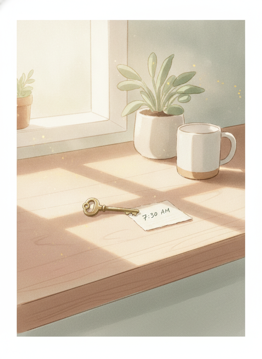 A spare key on a kitchen counter beside a handwritten note with a time written on it, morning light