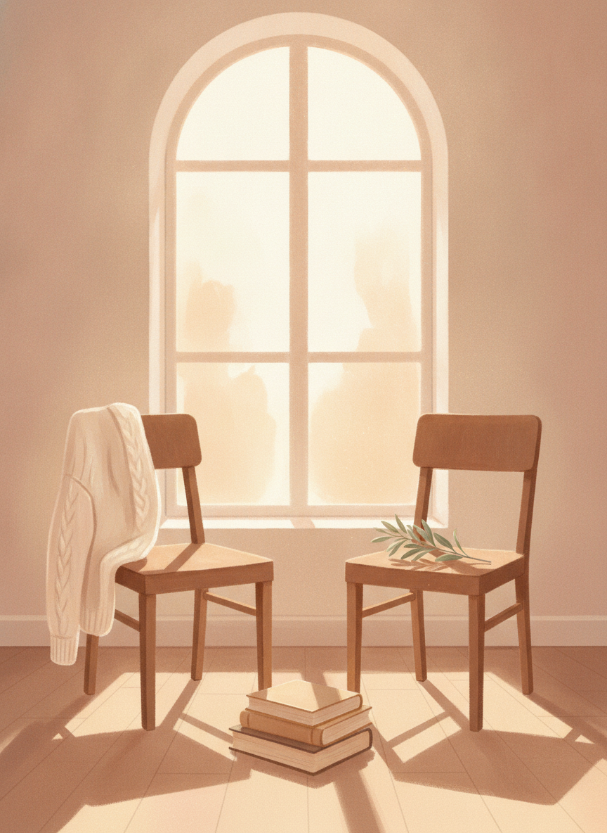 Two chairs angled toward each other by a window, afternoon light, one with a folded sweater, suggesting someone was just there